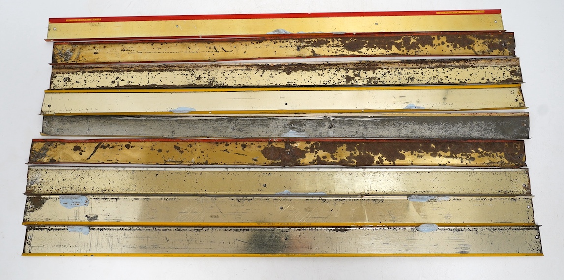 Nine mid century Spratt’s tinplate advertising shelf strips, length 52cm. Condition - poor-fair
